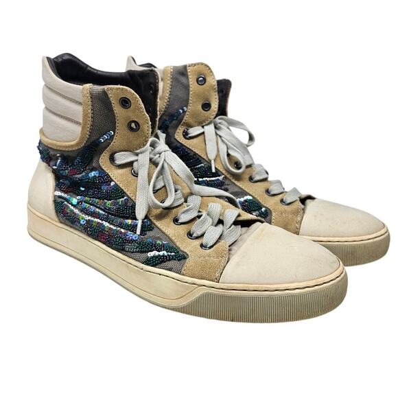 Lanvin DBB1 8 Beaded Sequin Hi Top Sneaker Trainer Casual Boho Distressed Skater